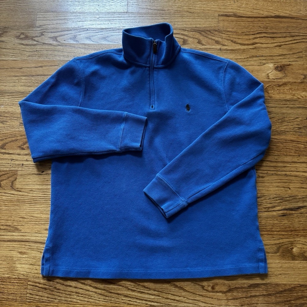 Polo Ralph Lauren Men's Large Quarter Zip Blue Ribbed Brown Logo Preppy Pullover